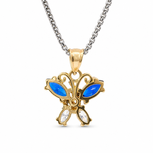 14KT Gold Charm Small Two Tone Quinceanera Butterfly with Navy Blue CZ Stones Top Wings and White CZ Stones Lower Wings and Plain Bell