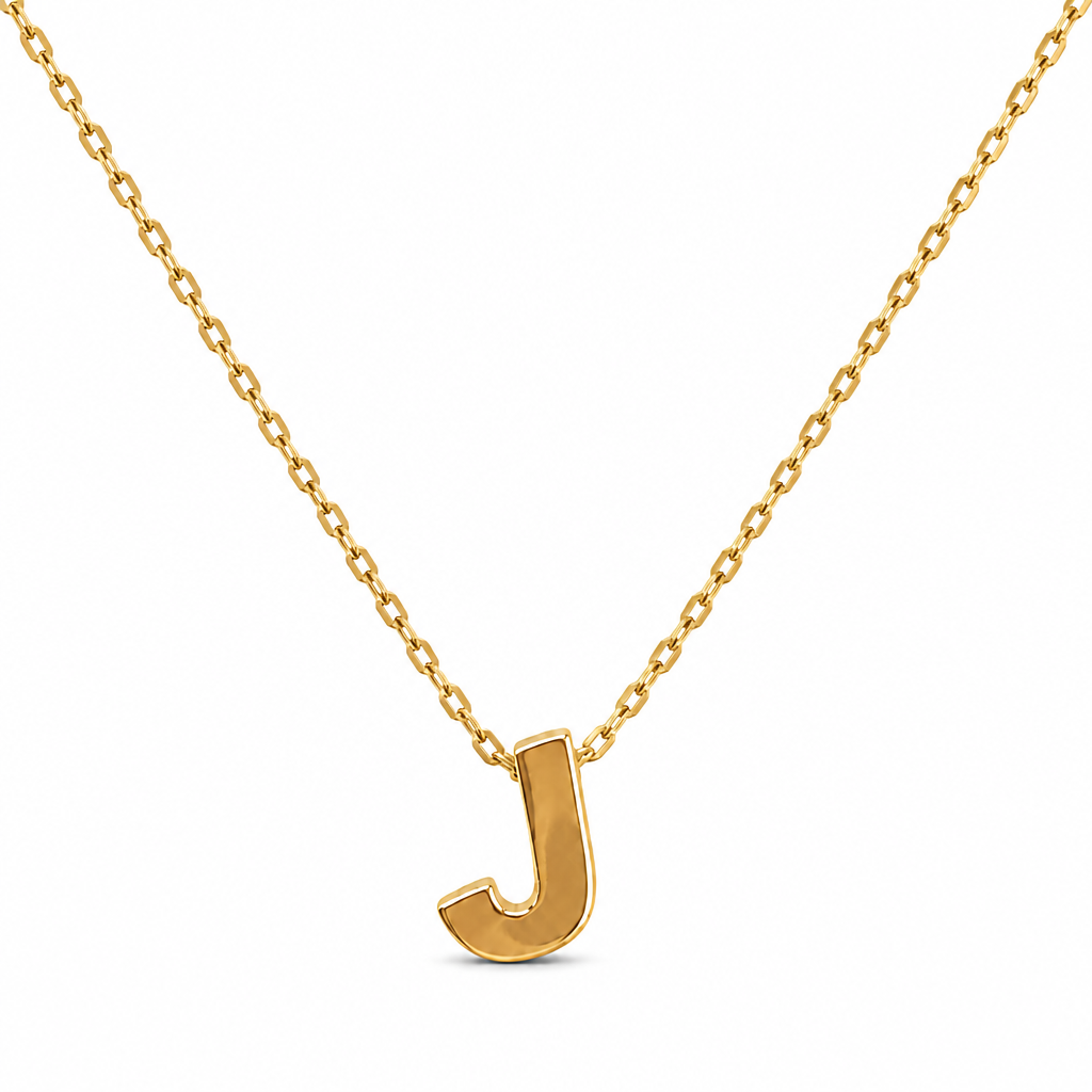 14KT Gold Solid Set Thin Chain Cable Link with Spring Lock Clasp and Single Block Font Uppercase Initial "J"