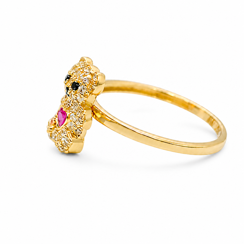 14KT Gold Ring Small White CZ Stones Teddy Bear with Dark Pink Heart CZ Stone Belly, Black Eyes, and Plain Band