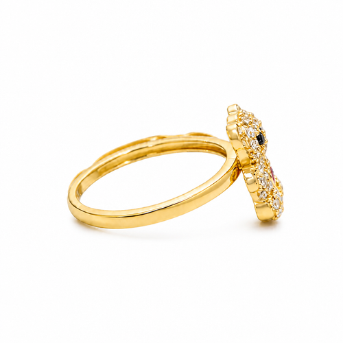 14KT Gold Ring Small White CZ Stones Teddy Bear with Dark Pink Heart CZ Stone Belly, Black Eyes, and Plain Band