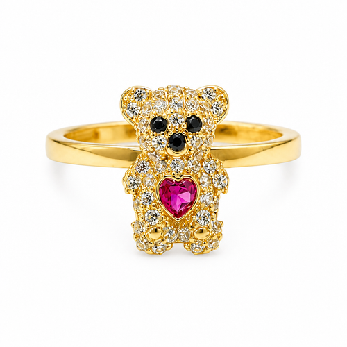 14KT Gold Ring Small White CZ Stones Teddy Bear with Dark Pink Heart CZ Stone Belly, Black Eyes, and Plain Band