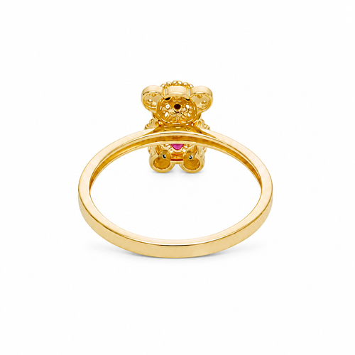 14KT Gold Ring Small White CZ Stones Teddy Bear with Dark Pink Heart CZ Stone Belly, Black Eyes, and Plain Band