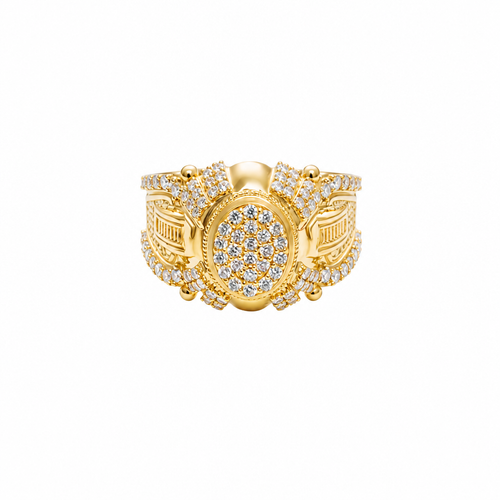 14KT Gold Ring Men's Oval White CZ Stone Platform Plain Border Corner Edge Design Four Triple Row White CZ Stones Band Ladder with White CZ Stone Border