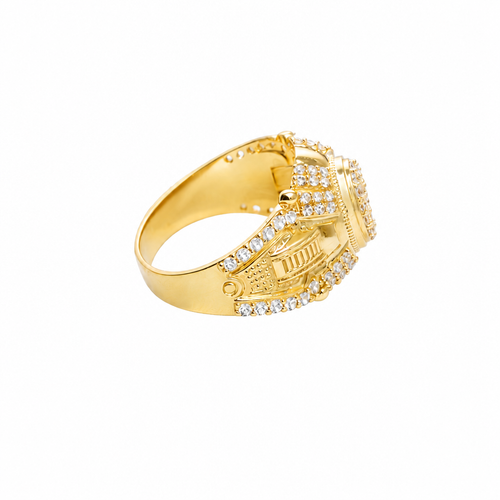 14KT Gold Ring Men's Oval White CZ Stone Platform Plain Border Corner Edge Design Four Triple Row White CZ Stones Band Ladder with White CZ Stone Border