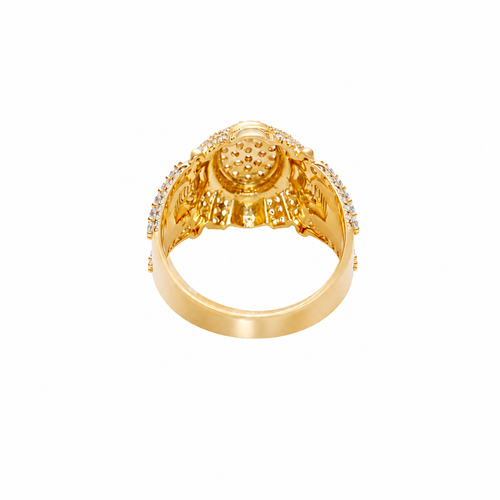 14KT Gold Ring Men's Oval White CZ Stone Platform Plain Border Corner Edge Design Four Triple Row White CZ Stones Band Ladder with White CZ Stone Border