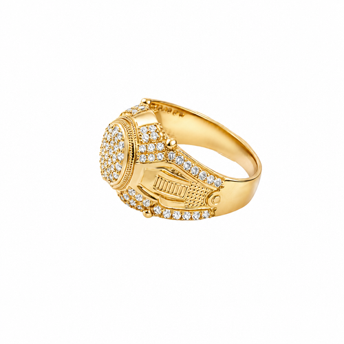 14KT Gold Ring Men's Oval White CZ Stone Platform Plain Border Corner Edge Design Four Triple Row White CZ Stones Band Ladder with White CZ Stone Border