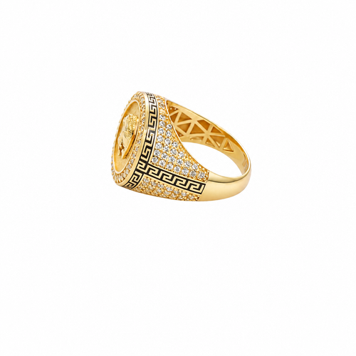 14KT Gold Ring Men's Round Raised Half Horse/Horseshoe Coin Design with Single Row White CZ Stone Border Shank Design Black Background Greek Pave White CZ Stones