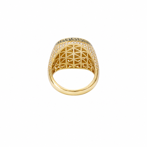 14KT Gold Ring Men's Round Raised Half Horse/Horseshoe Coin Design with Single Row White CZ Stone Border Shank Design Black Background Greek Pave White CZ Stones