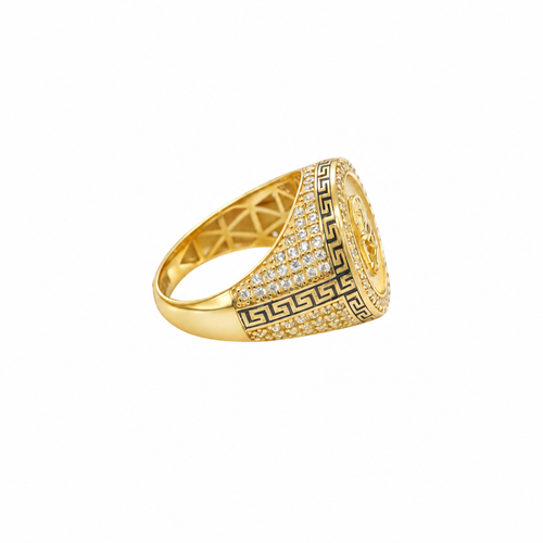 14KT Gold Ring Men's Round Raised Half Horse/Horseshoe Coin Design with Single Row White CZ Stone Border Shank Design Black Background Greek Pave White CZ Stones