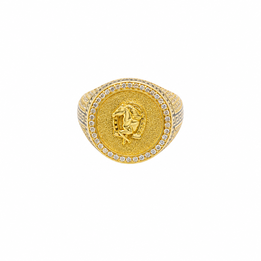 14KT Gold Ring Men's Round Raised Half Horse/Horseshoe Coin Design with Single Row White CZ Stone Border Shank Design Black Background Greek Pave White CZ Stones