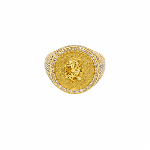 14KT Gold Ring Men's Round Raised Half Horse/Horseshoe Coin Design with Single Row White CZ Stone Border Shank Design Black Background Greek Pave White CZ Stones