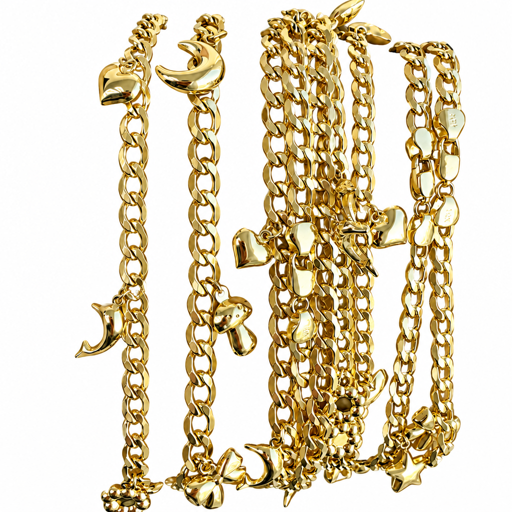 14KT Gold Hollow Curb Anklet with Puff Charms (Flower, Dolphin, Closed Heart, Moon, Mushroom, Bow) 3.5mm