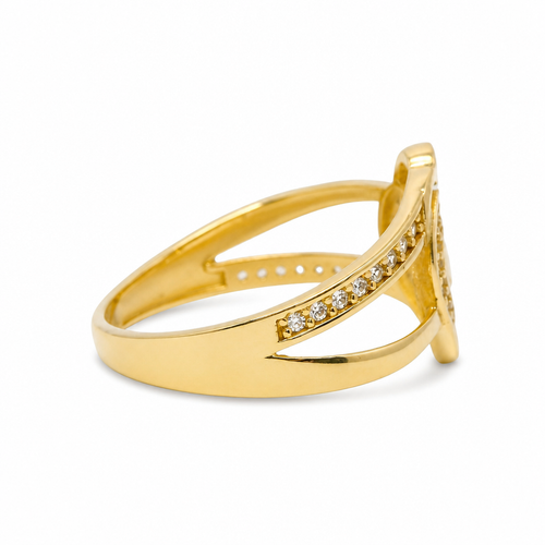 14KT Gold Ring Women's Interlocking Hearts Plain and CZ Stone Hearts and Split Band