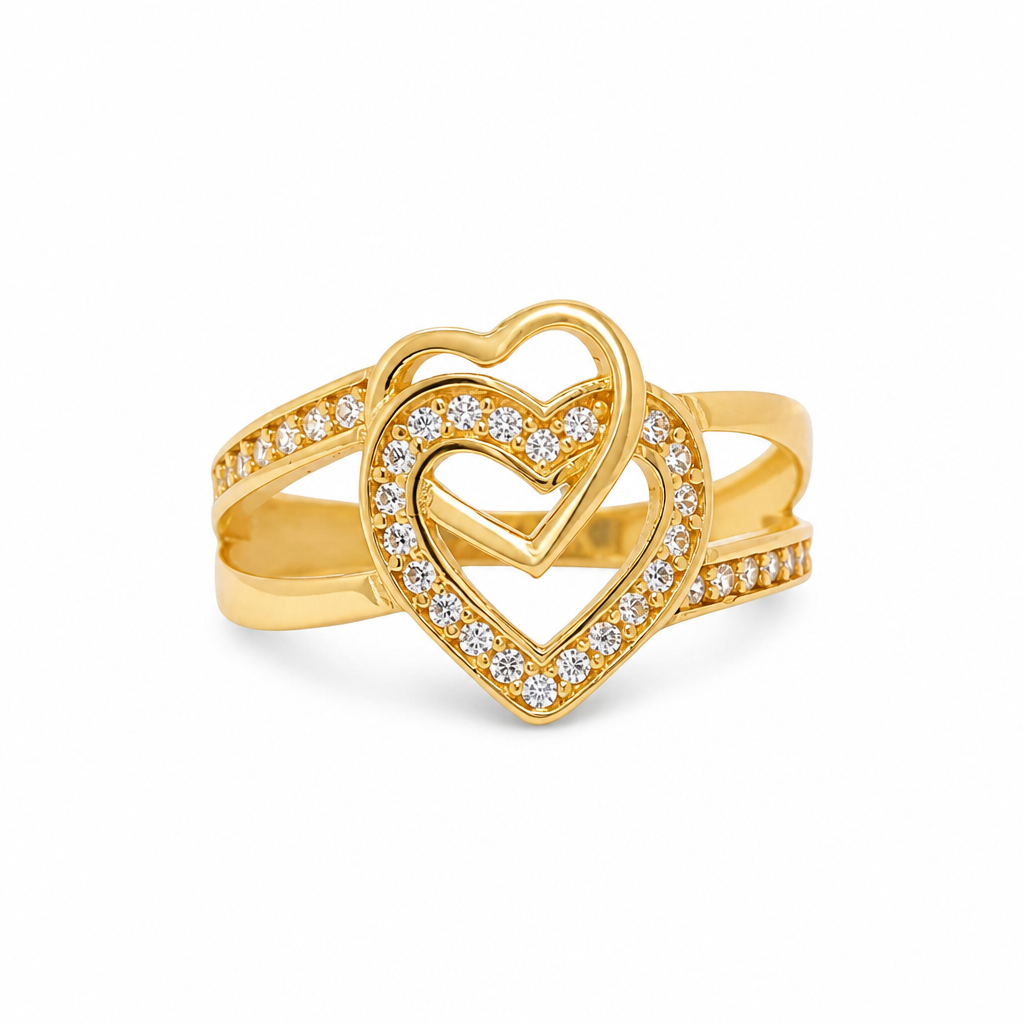 14KT Gold Ring Women's Interlocking Hearts Plain and CZ Stone Hearts and Split Band