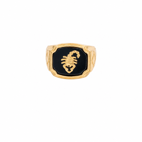 14KT Gold Ring Men's Square Onyx Scorpion Plain Border Side Design Triple Stacked Rhombus