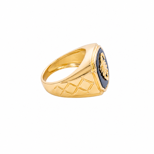 14KT Gold Ring Men's Square Onyx Scorpion Plain Border Side Design Triple Stacked Rhombus