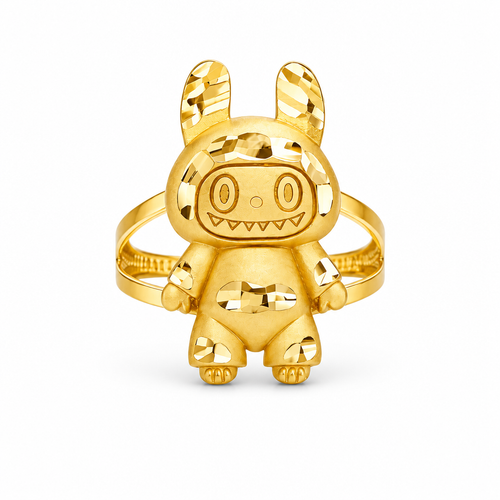 14KT Gold Ring Women's 3D Jumbo Labubu with Plain Split Band