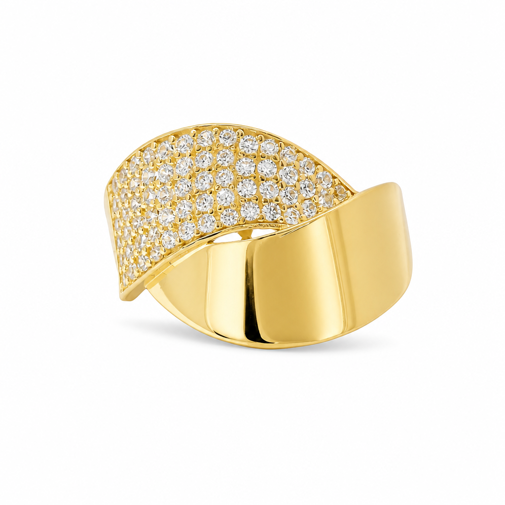 14KT Gold Ring Women's Bypass Plain / White CZ Stone Swirl