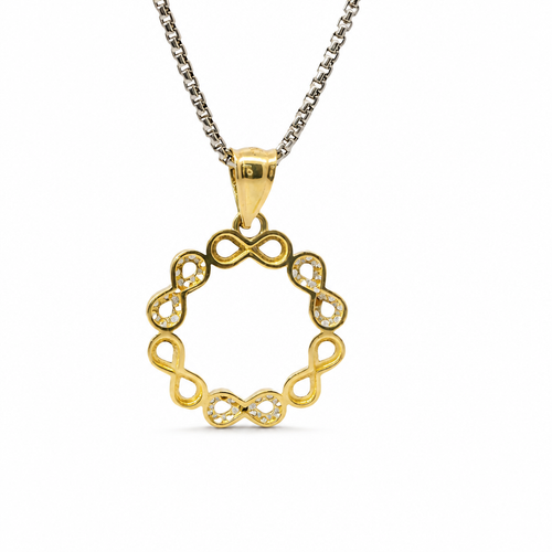 14KT Gold Charm Large White CZ Stones and Plain Infinity Wreath with Plain Bell