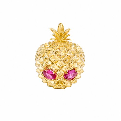 14KT Gold Ring Men's Pineapple Skull with Red Oval CZ Stone Eyes