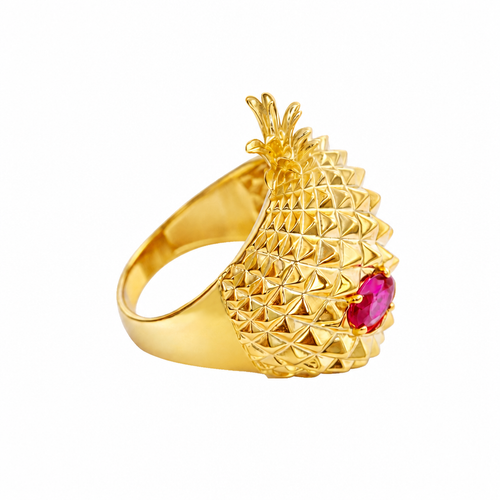 14KT Gold Ring Men's Pineapple Skull with Red Oval CZ Stone Eyes
