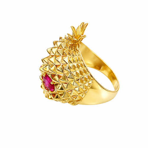 14KT Gold Ring Men's Pineapple Skull with Red Oval CZ Stone Eyes