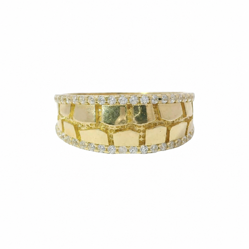 14KT Gold Ring Unisex Mini Nugget Band with White CZ Stone Border
