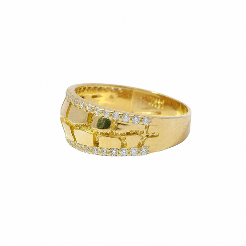 14KT Gold Ring Unisex Mini Nugget Band with White CZ Stone Border