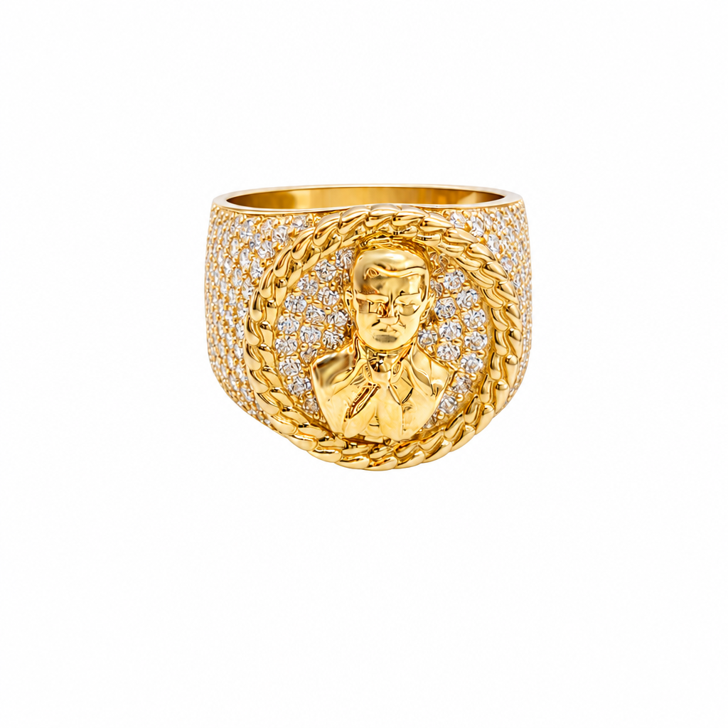 14K Gold Ring Men's Round Coin Malverde with Cuban Border and 12 Rows of White CZ Stones on Each Side of Band