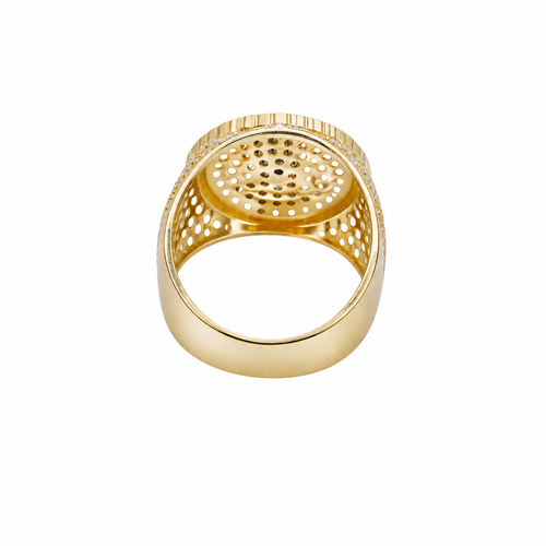 14K Gold Ring Men's Round Coin Malverde with Cuban Border and 12 Rows of White CZ Stones on Each Side of Band