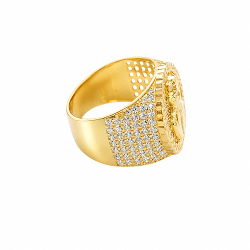 14K Gold Ring Men's Round Coin Malverde with Cuban Border and 12 Rows of White CZ Stones on Each Side of Band