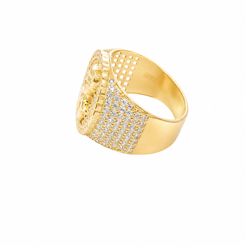 14K Gold Ring Men's Round Coin Malverde with Cuban Border and 12 Rows of White CZ Stones on Each Side of Band