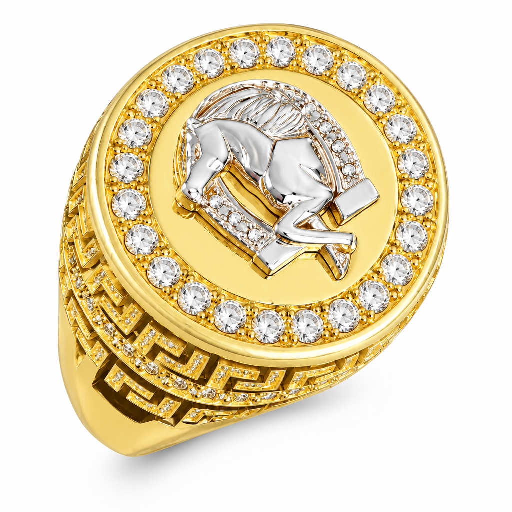 14KT Gold Ring Men's Round Raised Horse Center and Horseshoe Frame with Plain Background and Single Row White CZ Stones Border, Greek Edge with White CZ Stones Halo and Plain Band