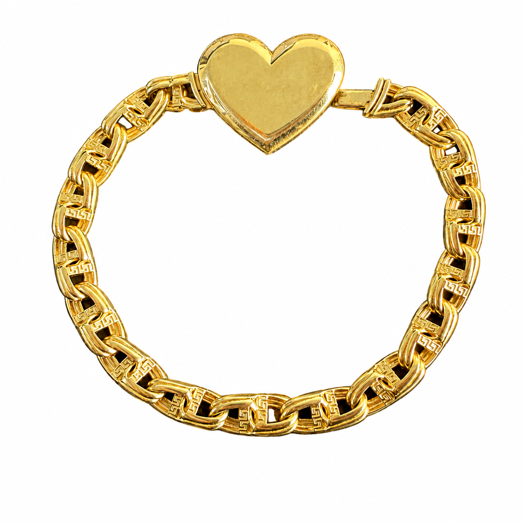 14KT Gold Bracelet  Greek Chino Link with Plain Engravable Heart Center 5.5mm