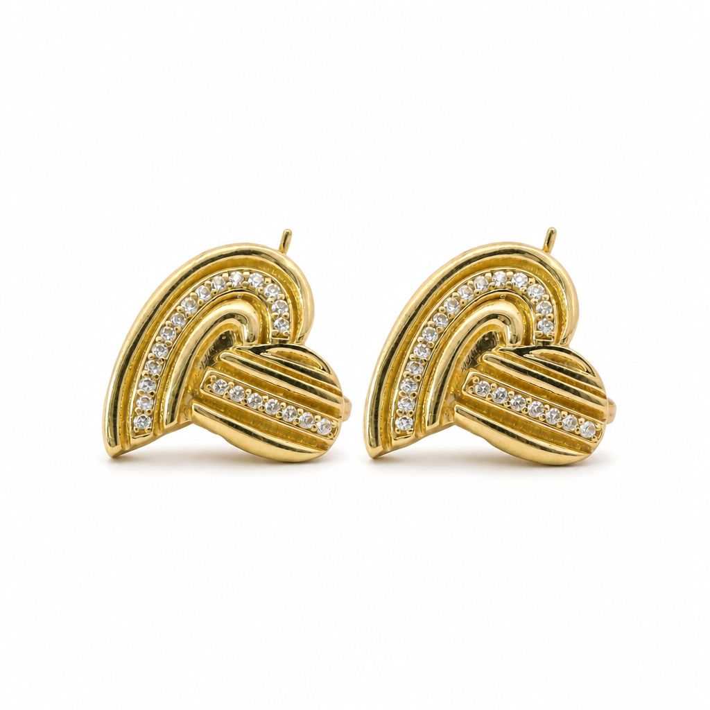 14KT Gold Earrings Medium Ribbed Single Row White CZ Stones Heart with Push Back Post and Butterfly Backs