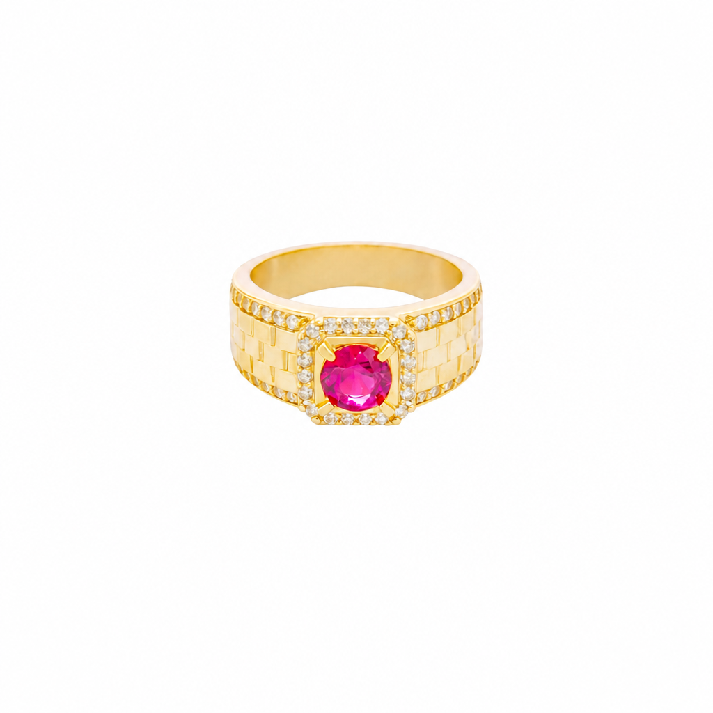 14KT Gold Ring Men's Square Red Round CZ Center Stone White CZ Stone Border Side Design White CZ Stones Border with Jubilee Watch Band Print