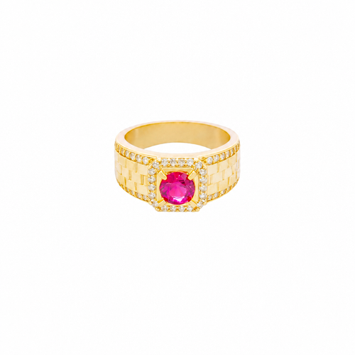 14KT Gold Ring Men's Square Red Round CZ Center Stone White CZ Stone Border Side Design White CZ Stones Border with Jubilee Watch Band Print
