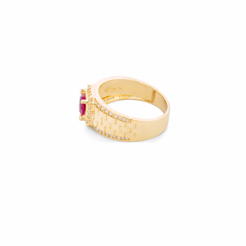 14KT Gold Ring Men's Square Red Round CZ Center Stone White CZ Stone Border Side Design White CZ Stones Border with Jubilee Watch Band Print