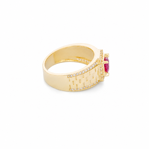 14KT Gold Ring Men's Square Red Round CZ Center Stone White CZ Stone Border Side Design White CZ Stones Border with Jubilee Watch Band Print