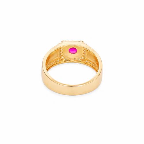 14KT Gold Ring Men's Square Red Round CZ Center Stone White CZ Stone Border Side Design White CZ Stones Border with Jubilee Watch Band Print