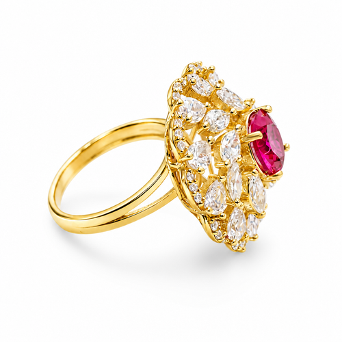 14KT Gold Women's Ring Flower Red Round Center CZ Stone White Pear/Marquise Petals with Round White CZ Stones Border and Plain Split Band