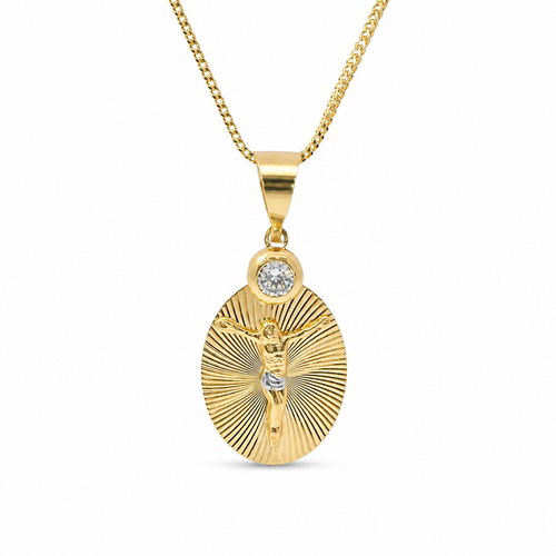 14KT Gold Charm Large Tri Tone Oval Crucifix Sunray Coin with White CZ Stone Top and Plain Bell