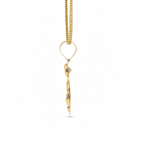 14KT Gold Charm Large Tri Tone Oval Crucifix Sunray Coin with White CZ Stone Top and Plain Bell