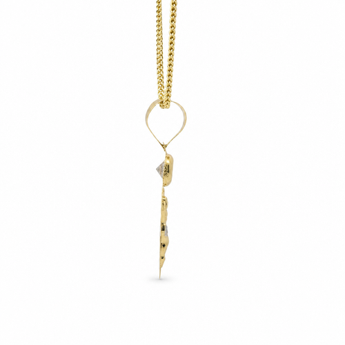 14KT Gold Charm Large Tri Tone Oval Crucifix Sunray Coin with White CZ Stone Top and Plain Bell