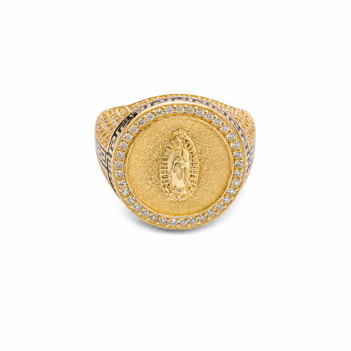 14KT Men's Ring Gold Round Virgin Mary Coin Brushed Finish Background with White CZ Stones Border and Black / Gold Greek Style Design Around the Border and Each Side of Band