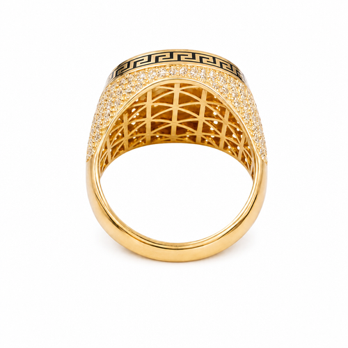 14KT Men's Ring Gold Round Virgin Mary Coin Brushed Finish Background with White CZ Stones Border and Black / Gold Greek Style Design Around the Border and Each Side of Band