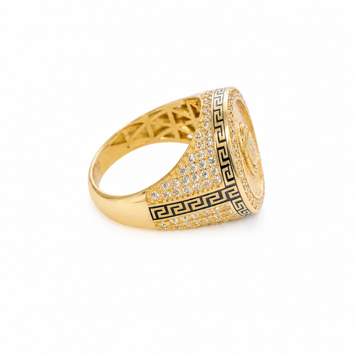 14KT Men's Ring Gold Round Virgin Mary Coin Brushed Finish Background with White CZ Stones Border and Black / Gold Greek Style Design Around the Border and Each Side of Band
