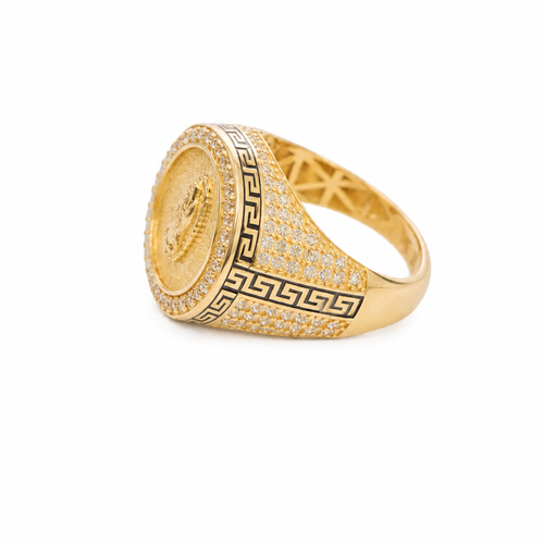 14KT Men's Ring Gold Round Virgin Mary Coin Brushed Finish Background with White CZ Stones Border and Black / Gold Greek Style Design Around the Border and Each Side of Band