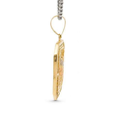 14KT Gold Charm Large Octagon Rectangle Tri Tone Virgin Mary Center with White CZ Stones Border and Plain Bell