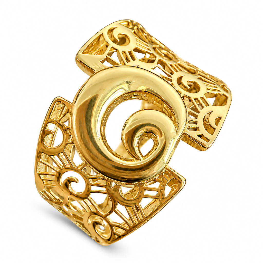 14KT Gold Ring Women's Abstract Curly Q Top Split Band Design Swirl Lattice Cutout Band